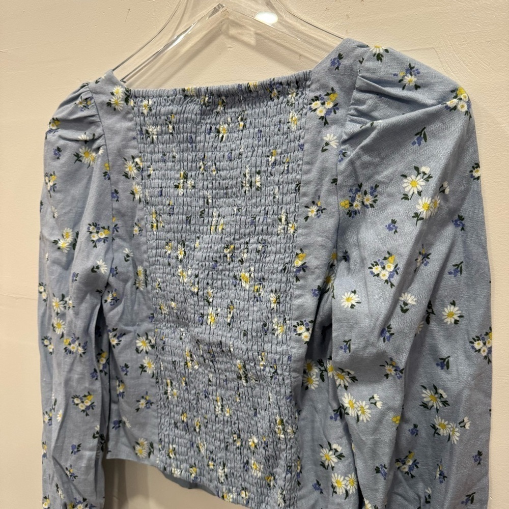 Rachel Zoe Square Neck Long Puff Sleeve Floral Top Linen Blend Smocked Back XS - Picture 7 of 8
